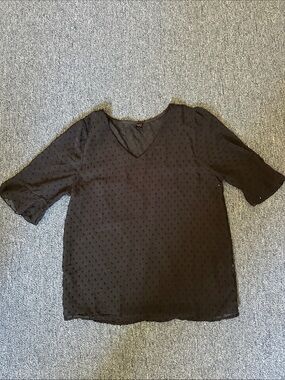 Black V-Neck Swiss Dot Blouse - Lightweight Relaxed Fit